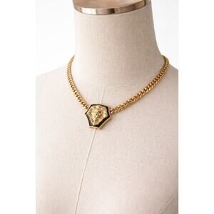 Vintage Anne Klein Gold Tone Lion Head Necklace | Black Enamel | Statement Chain